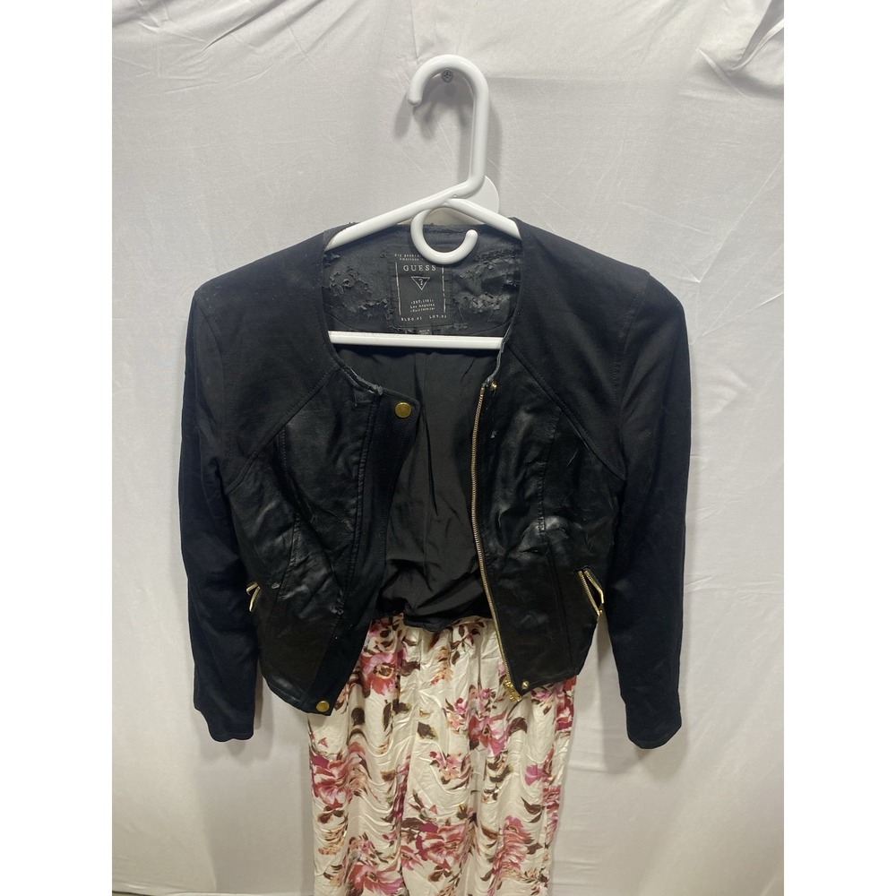 Guess Faux Leather Jacket Womens XS Black Distressed Costume Moto Mixed Media